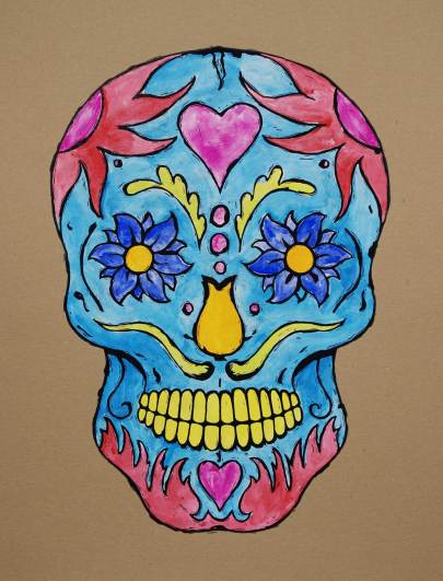 Tattoo Skull hand colored with gouche and gesso